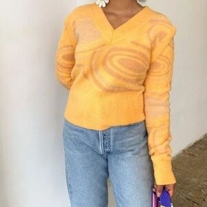 House of Sunny Hockney Knit Detachable Sleeve V-Neck Sweater Orange Yellow Sz 4
